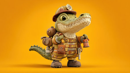 This charming cartoon crocodile character dressed as a firefighter brings joy and adventure. The vibrant orange background enhances its playful and heroic appearance, perfect for children's stories or imaginative art projects.の素材