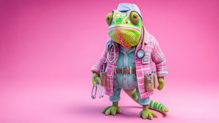 This vibrant lizard character dressed as a doctor brings a delightful twist to healthcare themes with a playful attitude and charming details.の素材