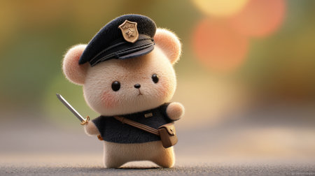 This charming illustration features a cute bear dressed as a police officer, complete with a badge and sword, set against a vibrant background.の素材
