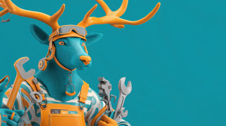 A vibrant deer character dressed in colorful overalls and sunglasses holds a variety of tools, perfect for creative projects and engaging artwork.の素材