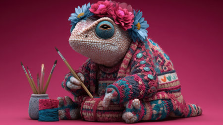 An imaginative lizard character dressed in a vibrant sweater sits among art supplies, showcasing a whimsical and playful spirit in a colorful theme.の素材