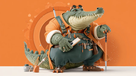 A whimsical cartoon crocodile dressed as a builder, surrounded by tools, in a vibrant orange background, perfect for kids' themes and creativity.の素材