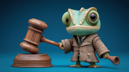 A charming chameleon dressed in a suit and holding a judge's gavel captures attention with its playful design and vibrant colors, embodying justice.の素材