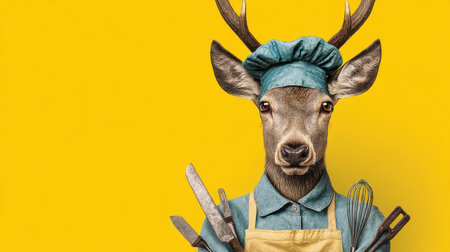A whimsical portrait of a deer dressed as a chef, holding various kitchen tools against a vibrant yellow background. Perfect for culinary creativity.の素材