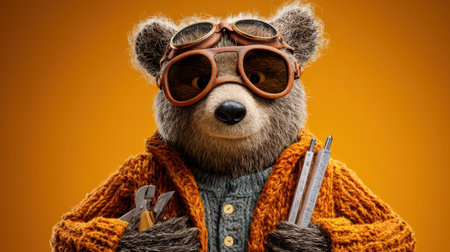 A whimsical bear character sporting stylish goggles and holding various tools, dressed in a cozy sweater, against a vibrant orange backdrop.の素材