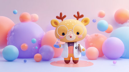This delightful cartoon character features antlers and a lab coat, holding a flask amidst colorful bubbles, perfect for children's education and fun projects.の素材