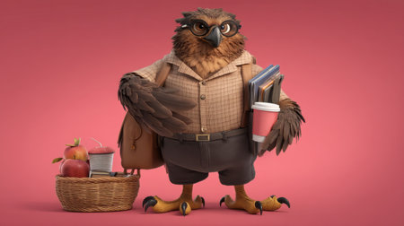A charming cartoon owl character wearing a blazer holds a stack of books and a coffee cup, standing next to a basket of apples. Ideal for educational themes.の素材