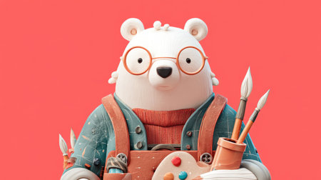 This whimsical creation features a charming polar bear artist wearing glasses, holding a palette and paintbrushes against a vibrant coral background.の素材