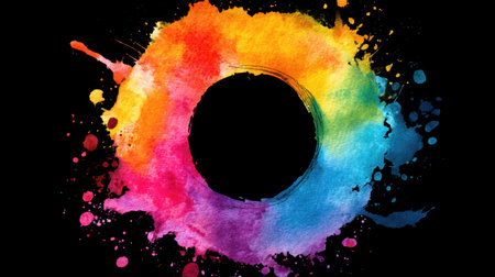 An artistic composition featuring vibrant watercolor splashes forming a circular shape against a striking black background. Ideal for creative projects, this image captures energy and beauty through its vivid colors and abstract design.の素材