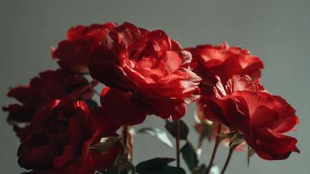 A stunning display of vibrant red roses bathed in soft light, showcasing the delicate petals and natural beauty. Ideal for romantic occasions.の素材