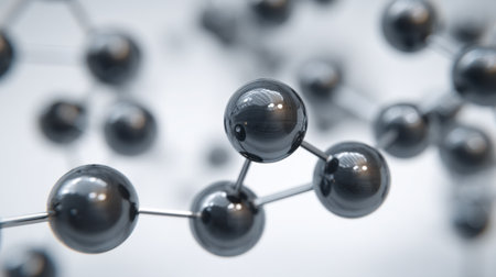 This image features a detailed composition of atoms and molecules, showcasing the intricate connections and structures that are foundational to scientific research and technology.の素材