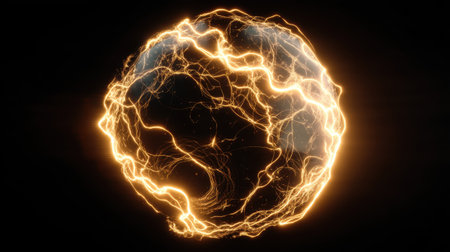This abstract image features a glowing sphere with intricate light patterns, symbolizing energy and dynamism in a modern artistic style.の素材