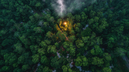 A breathtaking aerial view captures a lightning strike illuminating a vibrant green forest, showcasing the dramatic beauty of nature's raw power.の素材