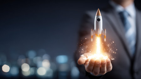 A businessman holds a rocket in his hand, symbolizing innovation and success. Sparks of inspiration fly as city lights glimmer in the background.の素材