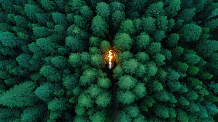 An aerial view depicts a vibrant green forest with a luminous light bulb at the center, symbolizing innovation, sustainability, and the beauty of nature.の素材