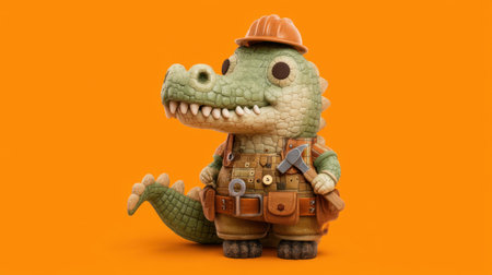 This charming toy crocodile dressed in a construction outfit and hard hat brings a cheerful and playful element to any space with its vibrant colors and cute design.の素材