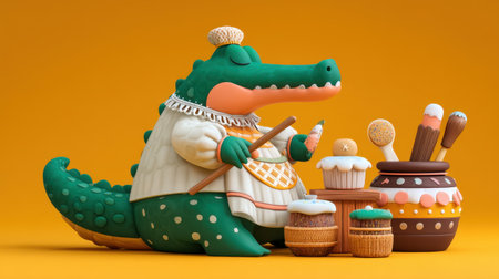 A lively cartoon alligator chef joyfully baking sweets, featuring vibrant colors and playful details, perfect for children themes and fun designs.の素材