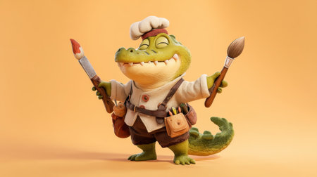 A delightful alligator chef showcases creativity with paintbrushes and palette, inspiring joy and imagination in artistic endeavors.の素材
