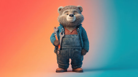 A delightful cartoon bear character stands confidently with tools in its hand, wearing denim overalls. The vibrant gradient background enhances its charm, making it perfect for children projects, animation, and whimsical storytelling.の素材