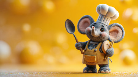 This charming illustration features an adorable cartoon elephant dressed as a chef, smiling joyfully while holding a spoon in a colorful kitchen.の素材