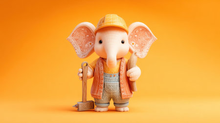 This charming cartoon elephant character wearing a hard hat and holding a tool brings a playful and joyful vibe. Perfect for kids' designs!の素材