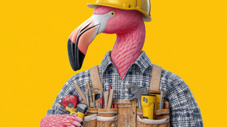 This vibrant illustration features a cartoon flamingo dressed as a construction worker, complete with a hard hat and tools in its pockets. The bright yellow background adds a cheerful touch to the whimsical concept.の素材