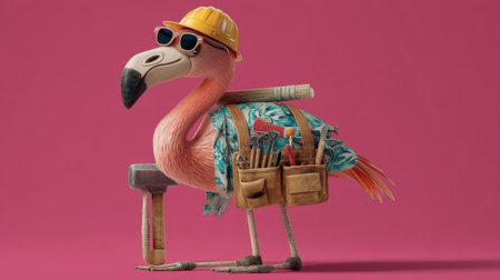 A whimsical flamingo dressed as a construction worker stands against a vibrant pink background. This imaginative character features tools and accessories, showcasing a fun blend of nature and profession, ideal for playful designs.の素材