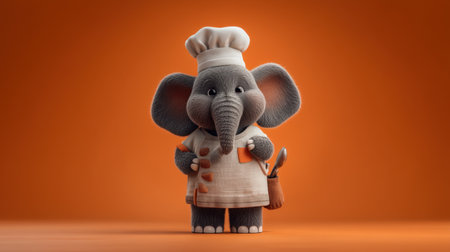 Adorable cartoon elephant in a chef's outfit smiles while holding a spoon against a vibrant orange background, perfect for kids' themes.の素材