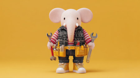 This adorable toy elephant character, dressed as a handyman with tools, showcases a playful design ideal for children's themes and imaginative play.の素材
