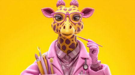 This vibrant illustration features a whimsical giraffe character wearing glasses and a lab coat, playfully holding art supplies against a bright yellow background.の素材