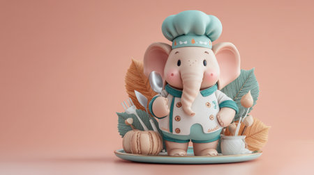 This adorable cartoon elephant chef character stands proudly with a spoon, surrounded by cooking utensils and decorative items, exuding a playful charm.の素材