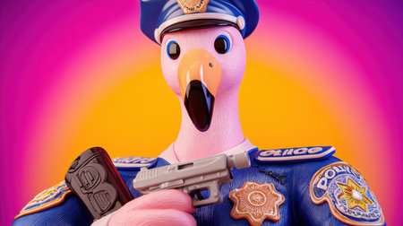 A whimsical flamingo dressed as a police officer holds a toy gun against a vibrant gradient background, creating a playful and humorous scene.の素材