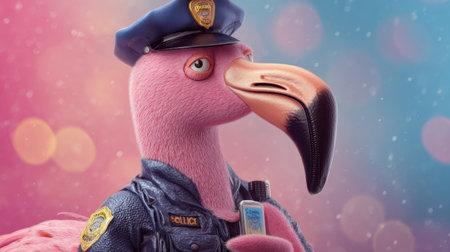 A whimsical illustration of a flamingo dressed as a police officer, complete with a badge and a bottle, set against a vibrant background.の素材