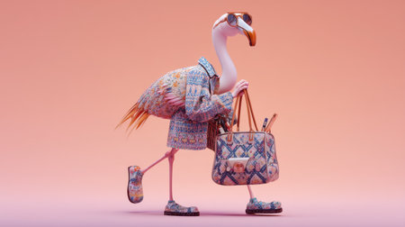 A stylish flamingo character walks confidently in a fashionable outfit, carrying a chic handbag, epitomizing modern elegance and whimsy.の素材