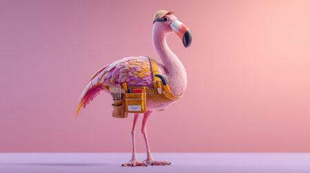 A whimsical flamingo dressed in a hard hat and tool belt, standing confidently against a soft pink background, showcasing creativity and humor.の素材
