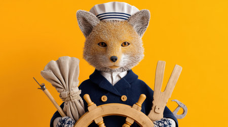 This imaginative image features a charming fox character dressed as a sailor, complete with maritime tools, set against a bright yellow background.の素材