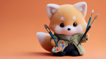 Endearing cartoon fox character sits with paintbrushes and colorful palette against a warm orange backdrop, embodying creativity and joy.の素材