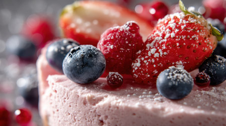 A tempting close-up of a creamy dessert, topped with fresh strawberries, blueberries, and raspberries, dusted with powdered sugar, perfect for any occasion.の素材