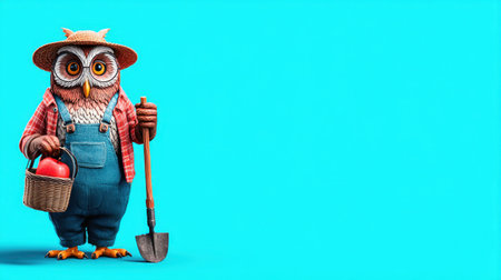 Charming cartoon owl character dressed for gardening with a shovel and a basket, set against a bright turquoise backdrop, ideal for playful themes.の素材
