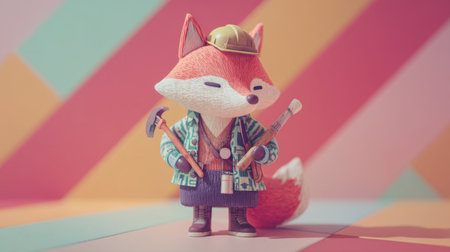This charming fox toy figurine, dressed as a construction worker, holds various tools and showcases colorful geometric patterns in the background.の素材