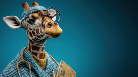 A charming giraffe dressed as a doctor wearing glasses and a stethoscope, holding a notepad and exuding a playful yet professional vibe.の素材