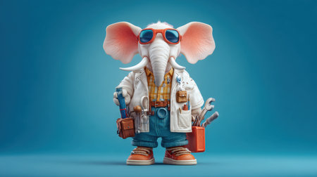 This charming cartoon elephant character wears stylish sunglasses and a workshop outfit while holding various tools, embodying creativity and fun.の素材