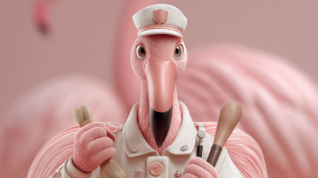 This vibrant illustration features a whimsical flamingo character in a stylish uniform, holding artist tools against a soft pink backdrop, evoking creativity and charm.の素材