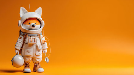 A charming fox character dressed as an astronaut stands against a vivid orange background, capturing the essence of imaginative adventure and curiosity in space exploration.の素材