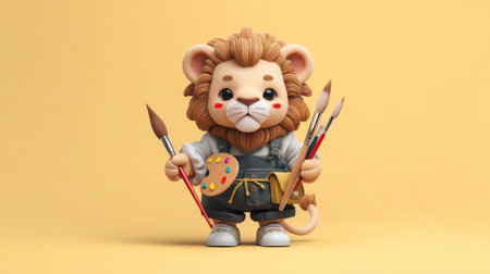 This adorable cartoon lion character inspires creativity, showcasing artistic tools and a joyful expression, perfect for children's art themes.の素材