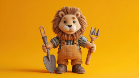Charming cartoon lion character dressed as a farmer holds a shovel and fork. Set against a bright yellow backdrop, this image exudes joy and creativity.の素材