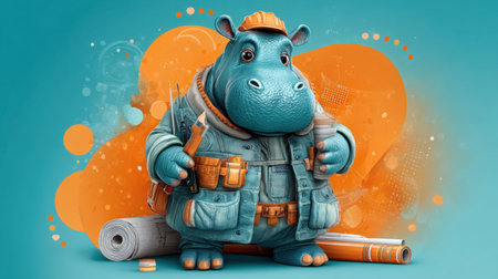 This playful cartoon hippo character appears as a cheerful construction worker, holding tools and blueprints, set against a vibrant orange background.の素材