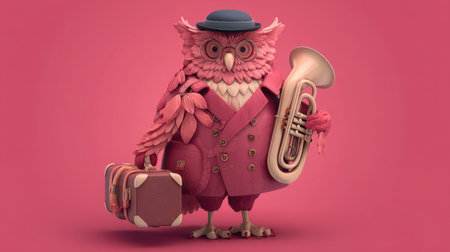 Delightful pink owl character dressed in a suit, holding a suitcase and a tuba, set against a bright pink backdrop, exuding whimsy and charm.の素材