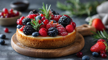 A delicious cheesecake topped with an assortment of fresh berries, arranged beautifully on a wooden board, perfect for events and gatherings.の素材