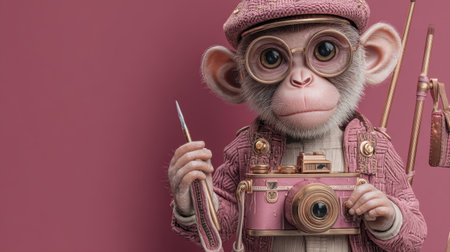 An adorable monkey dressed in stylish clothes poses with a vintage camera, embodying creativity and playfulness against a soft pink backdrop.の素材